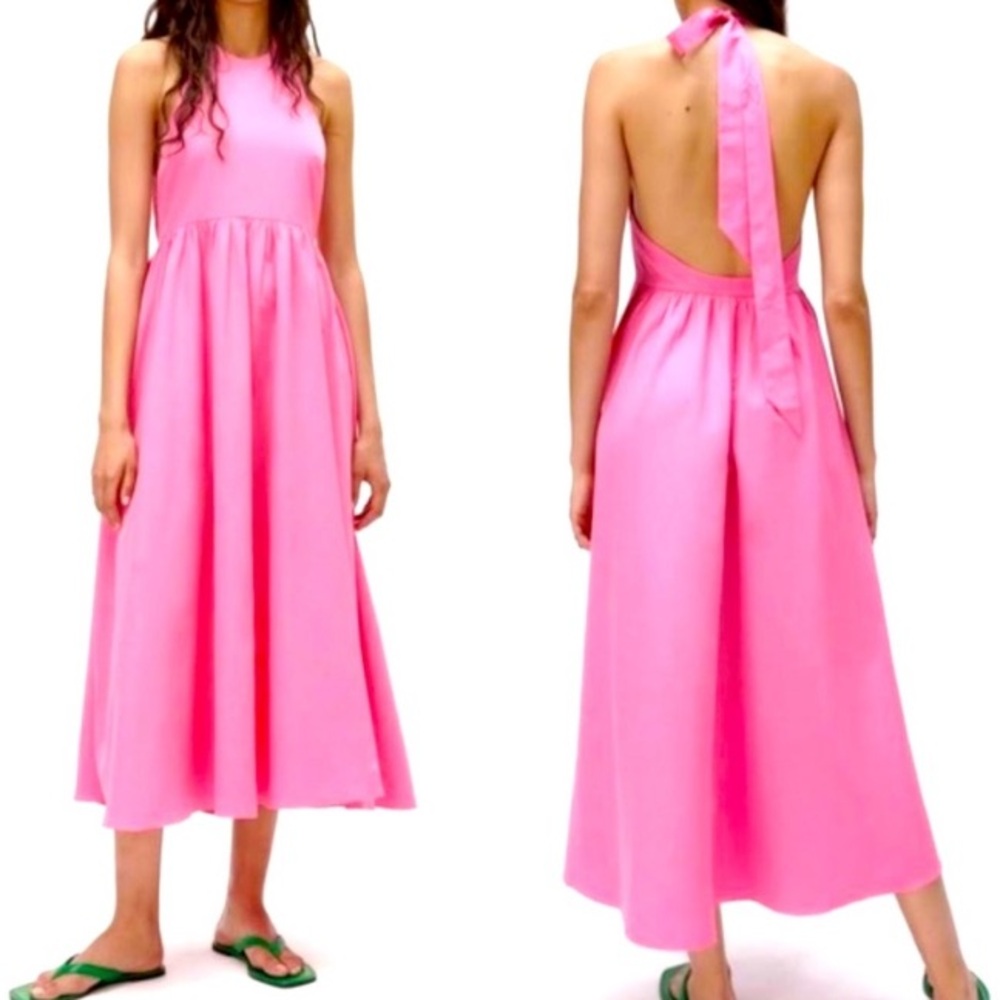 ZARA Pink Bow Tie Neck Open Back Halter Maxi Dress NWT